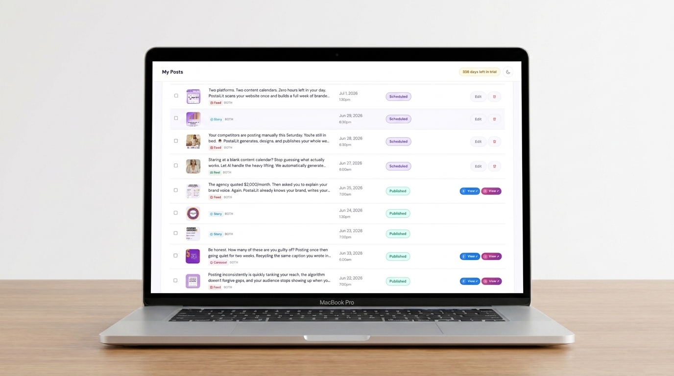 Dashboard showing content calendar with approved, pending, and scheduled posts in different columns
